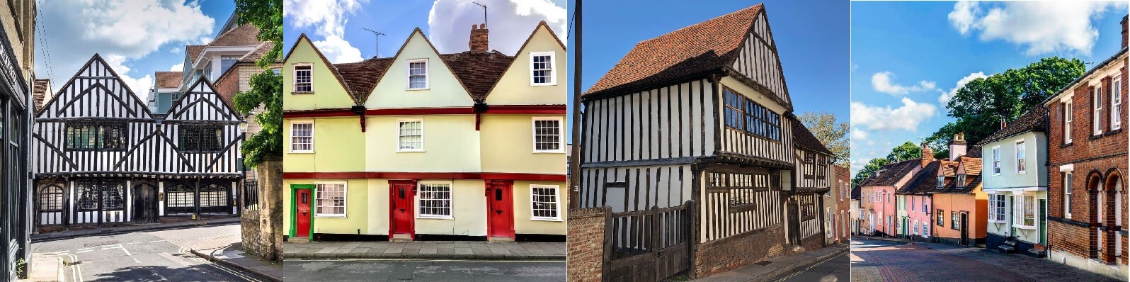 4 images of tudor buildings in the Dutch Quarter residential area of Colchester